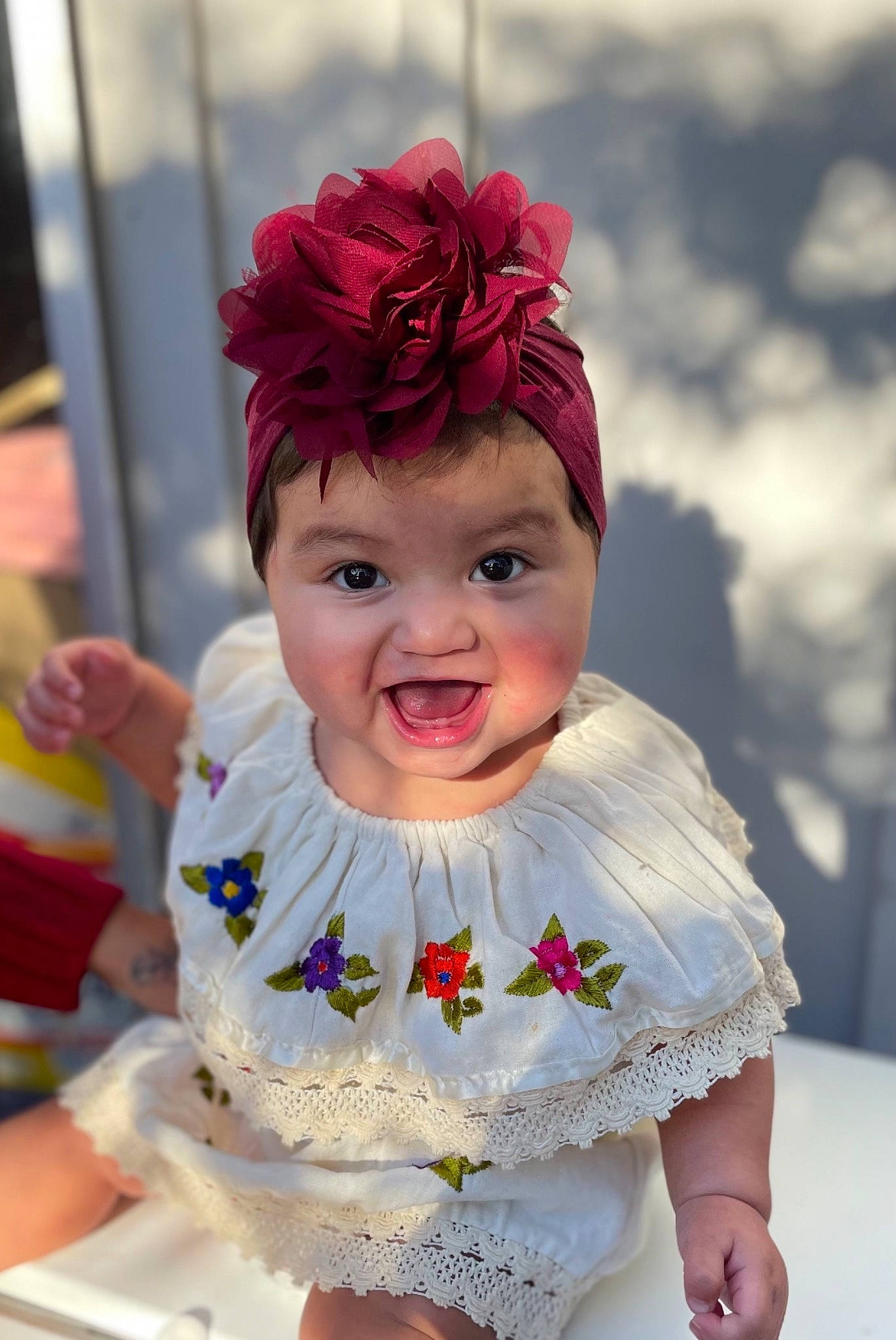 Marissa joined the competition — help win amazing prizes! baby, baby_toddler_clothing, child, dress, event, fun, happy, headband, headgear, headpiece, headwear, jewellery, magenta, necklace, person, pink, purple, red, skin, sleeve