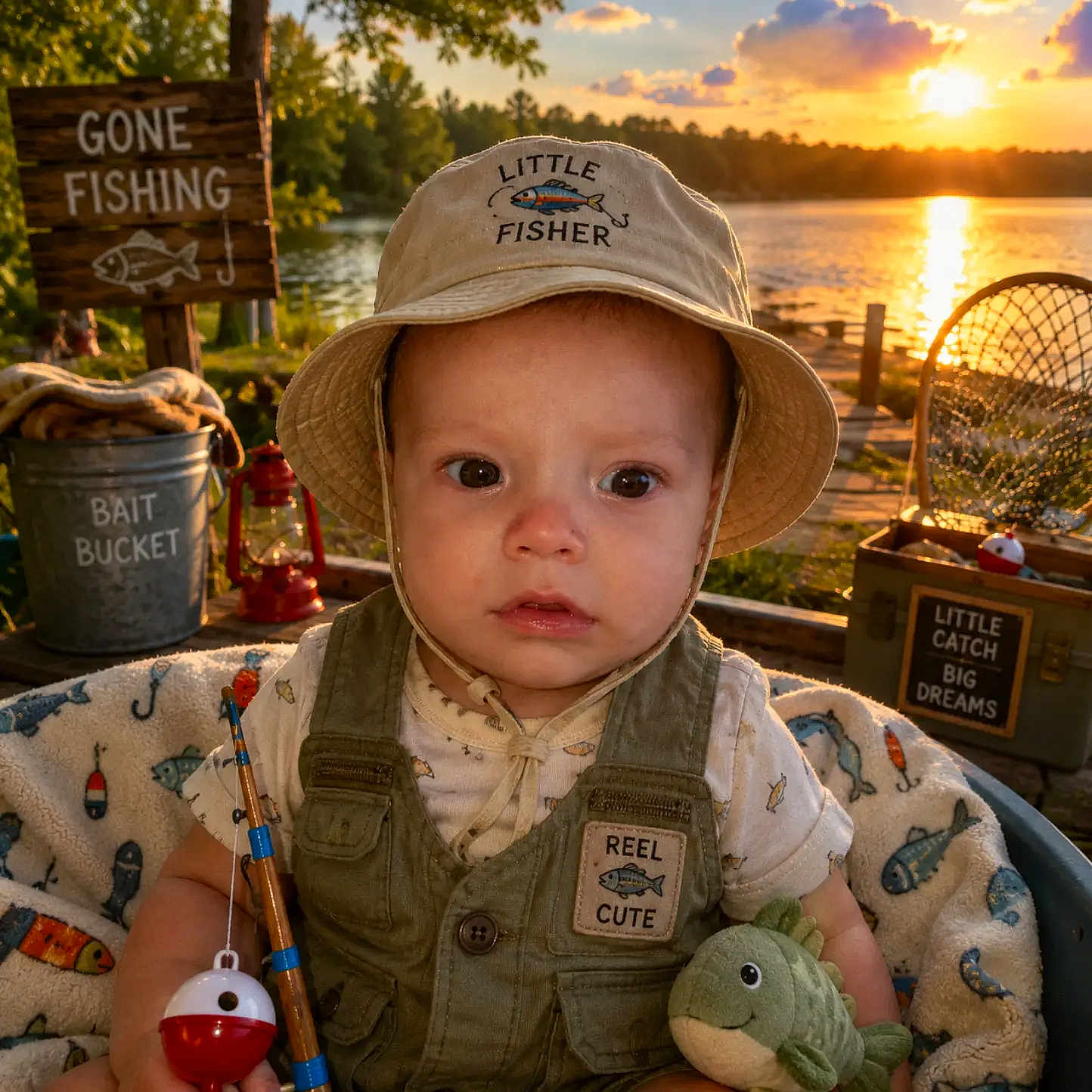 Hardy is registered to the contest to win money with this photo: baby, child, hat, vest, fishing_rod, plush_toy, blanket, lake, sunset, outdoor, nature, bucket, lantern, wooden_sign, fishing_net, water, trees, sky, cute, portrait