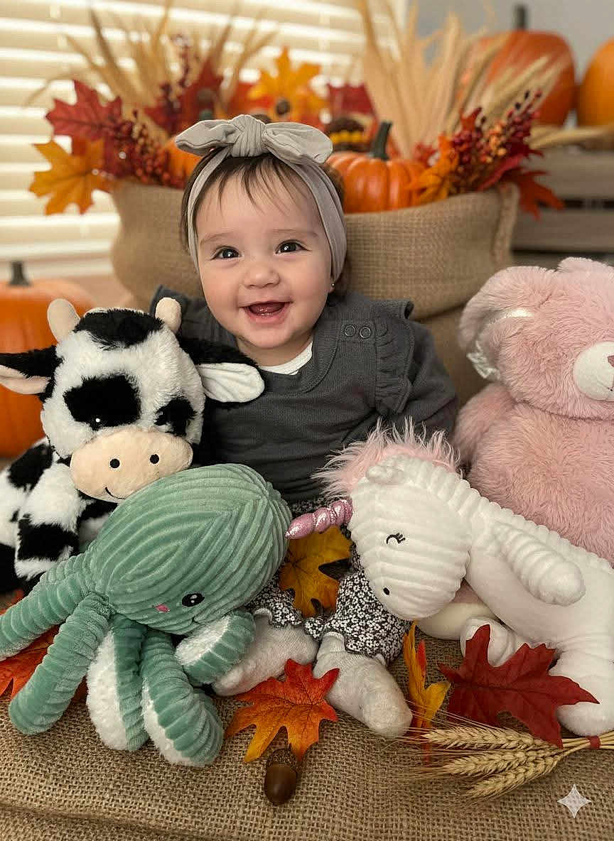 Zhamirah Zharih joined the competition — help win amazing prizes! autumn, baby, bear, burlap, child, cow, cozy, cute, decorations, fall_leaves, festive, happy, headband, indoor, octopus, plush_toy, pumpkin, sitting, smiling, unicorn