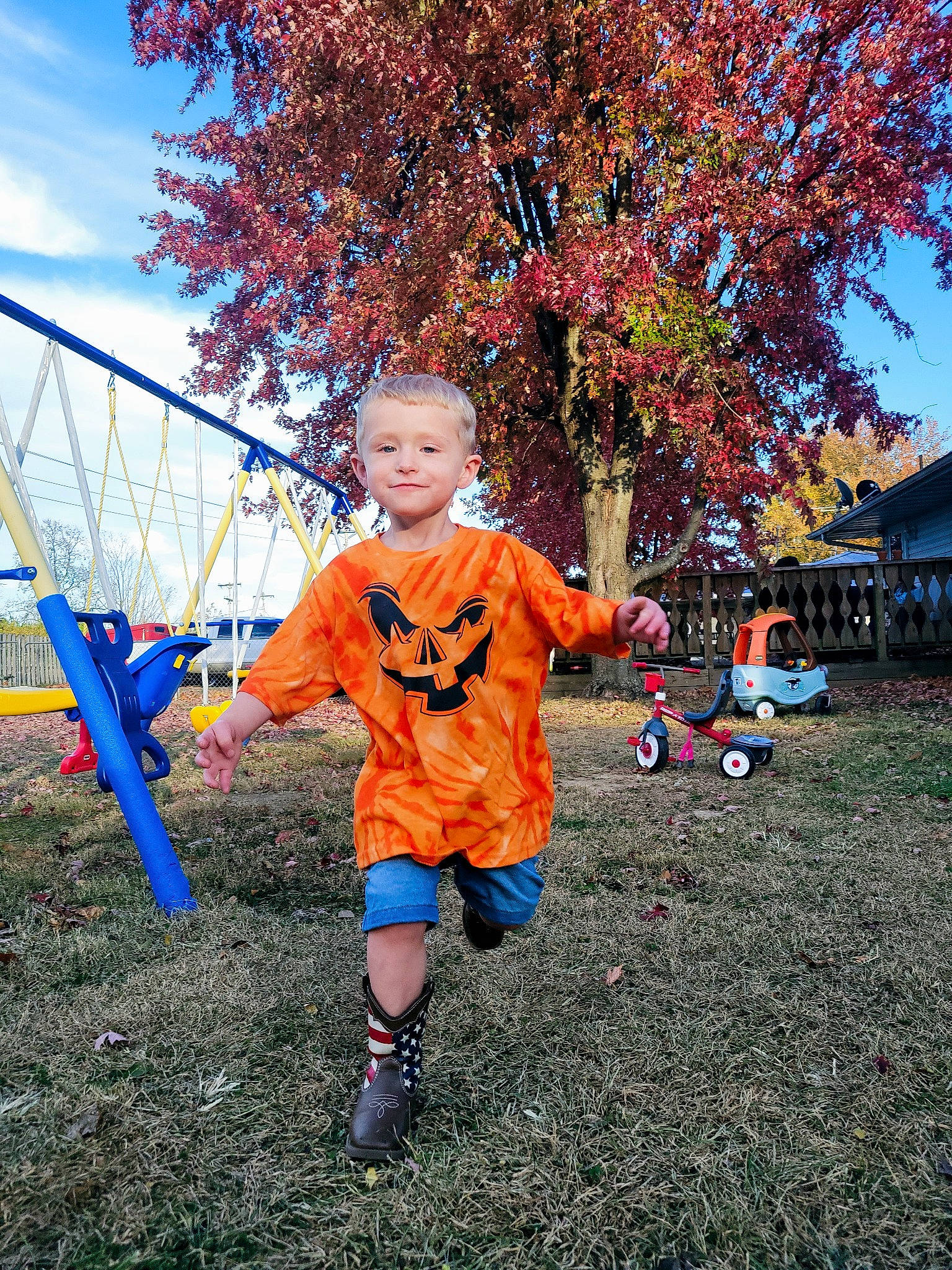 Bryce is registered to the contest to win money with this photo: autumn, child, city, electric_blue, fun, grass, happy, joy, leisure, orange, people_in_nature, person, plant, play, recreation, sky, soil, spring, t_shirt, toddler