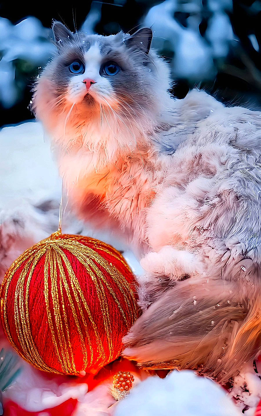 Ruby a rejoint le concours — aidez-le/la à gagner de superbes lots ! animal, blue_eyes, cat, christmas_ornament, curious, cute, decorative, feline, festive, fluffy, gold, holiday, nature, outdoor, pet, red, snow, soft, warm_light, winter