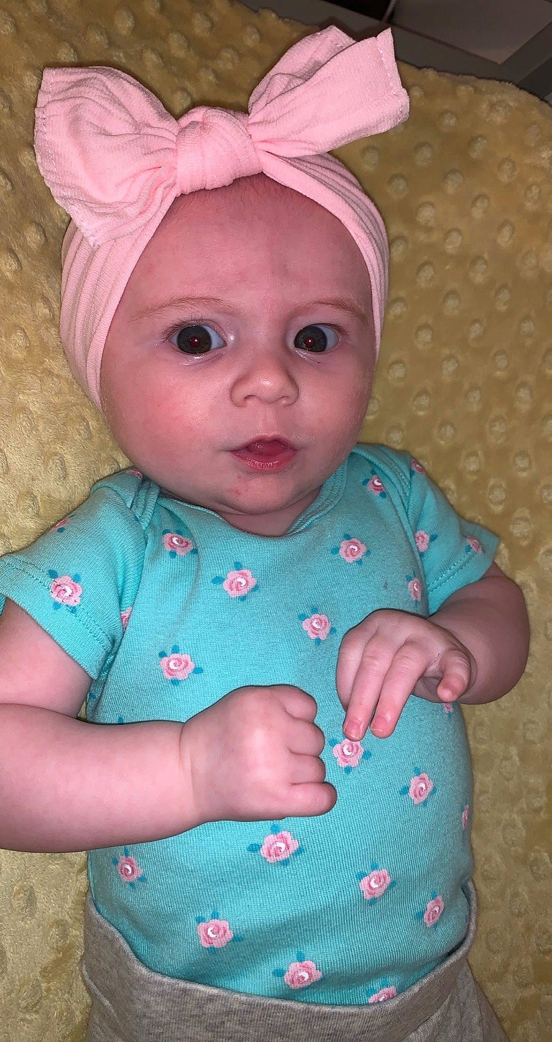 Graycen is registered to the contest to win money with this photo: baby, baby_toddler_clothing, bonnet, cheek, child, costume_accessory, costume_hat, eyelash, hair_accessory, headband, headgear, headpiece, headwear, iris, lip, nose, organ, peach, person, pink