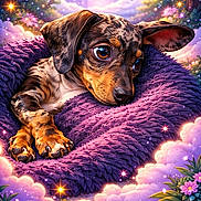 Gg is registered to the contest to win money with this photo: animal, closeup, colorful, cute, digital_art, dog, dreamy, fantasy, flowers, forest, glowing, illustration, magical, nature, puppy, purple_cushion, soft_texture, sparkles, stars, whimsical