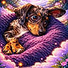 animal, closeup, colorful, cute, digital_art, dog, dreamy, fantasy, flowers, forest, glowing, illustration, magical, nature, puppy, purple_cushion, soft_texture, sparkles, stars, whimsical
