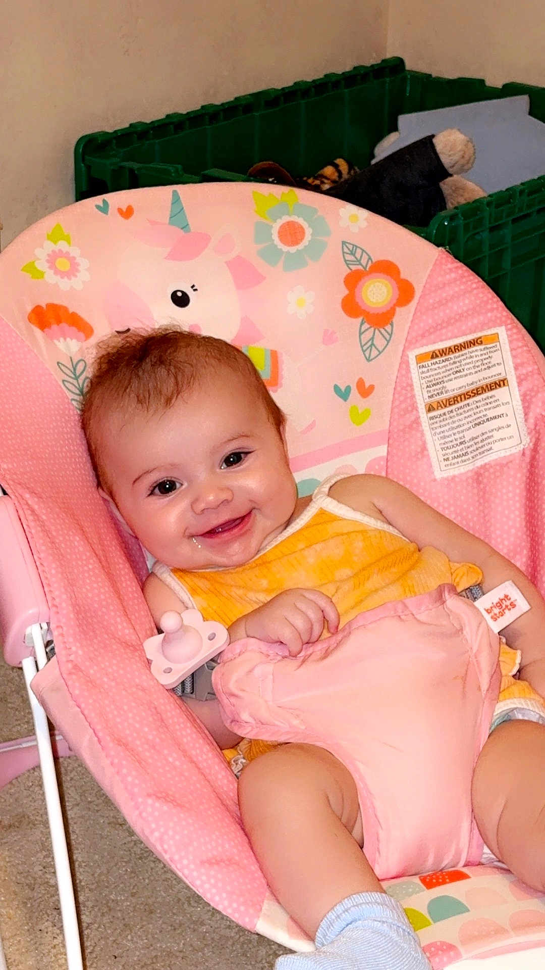 Emberly joined the competition — help win amazing prizes! baby, smiling, infant, pink, baby_seat, unicorn, pacifier, pillow, clothing, indoor, carpet, toy, cute, happy, child, person, seat, fabric, sock, comfort
