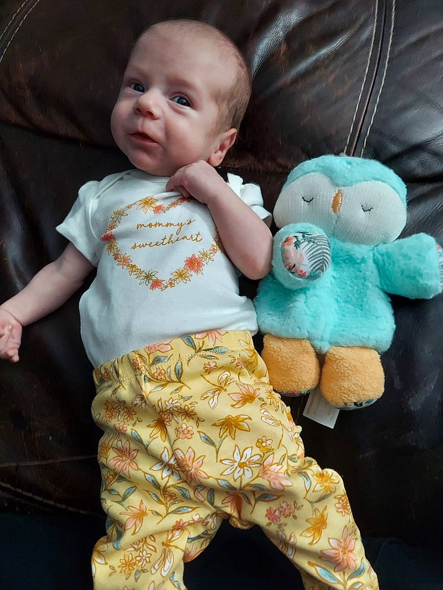 Elladora is registered to the contest to win money with this photo: baby, baby_products, baby_toddler_clothing, cheek, child, comfort, face, happy, head, person, pink, plush, product, sitting, skin, sleeve, stuffed_toy, t_shirt, textile, toddler