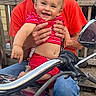 Emmett joined the competition — help win amazing prizes! adult, baby, beard, bicycle, child, family, handlebars, happy, infant, man, motorcycle, outdoor, porch, portrait, red_shirt, seated, smiling, striped_shirt, summer, wooden_railing