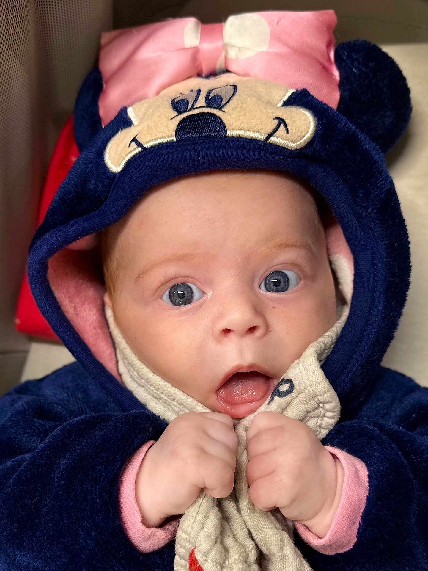Florence joined the competition — help win amazing prizes! baby, blue, bundle, child, closeup, cloth, clothing, curious, cute, expression, face, hands, hood, hoodie, indoor, infant, person, pink, soft, warm