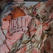 Kaylani is registered to the contest to win money with this photo: newborn, baby, sleeping, blanket, floral_pattern, headband, hospital_bassinet, pink_clothing, infant, peaceful, portrait, child, cute, resting, soft_lighting, indoors, baby_clothes, announcement_sign, cozy, wrapped