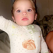 Ella is registered to the contest to win money with this photo: toddler, child, pajamas, bedroom, blanket, face, person, indoor, sleepwear, curious, young_child, bed, light_skin, blue_eyes, long_eyelashes, raised_arm, zipper, soft_lighting, closeup, portrait