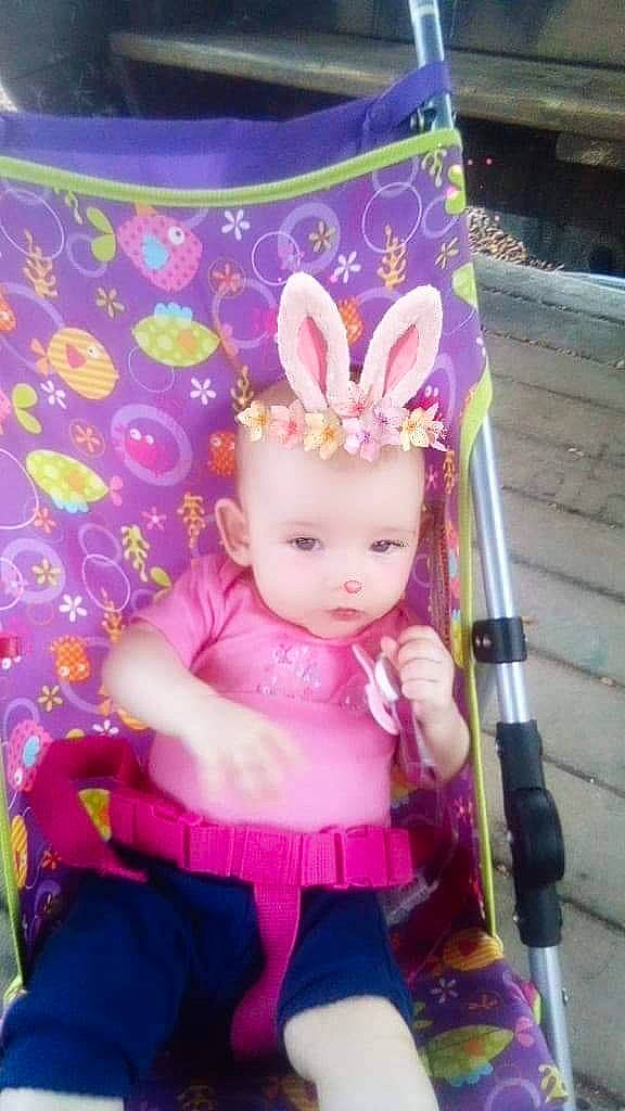 Timberlynn is registered to the contest to win money with this photo: baby, child, ear, easter_bunny, person, pink, product, toddler, violet
