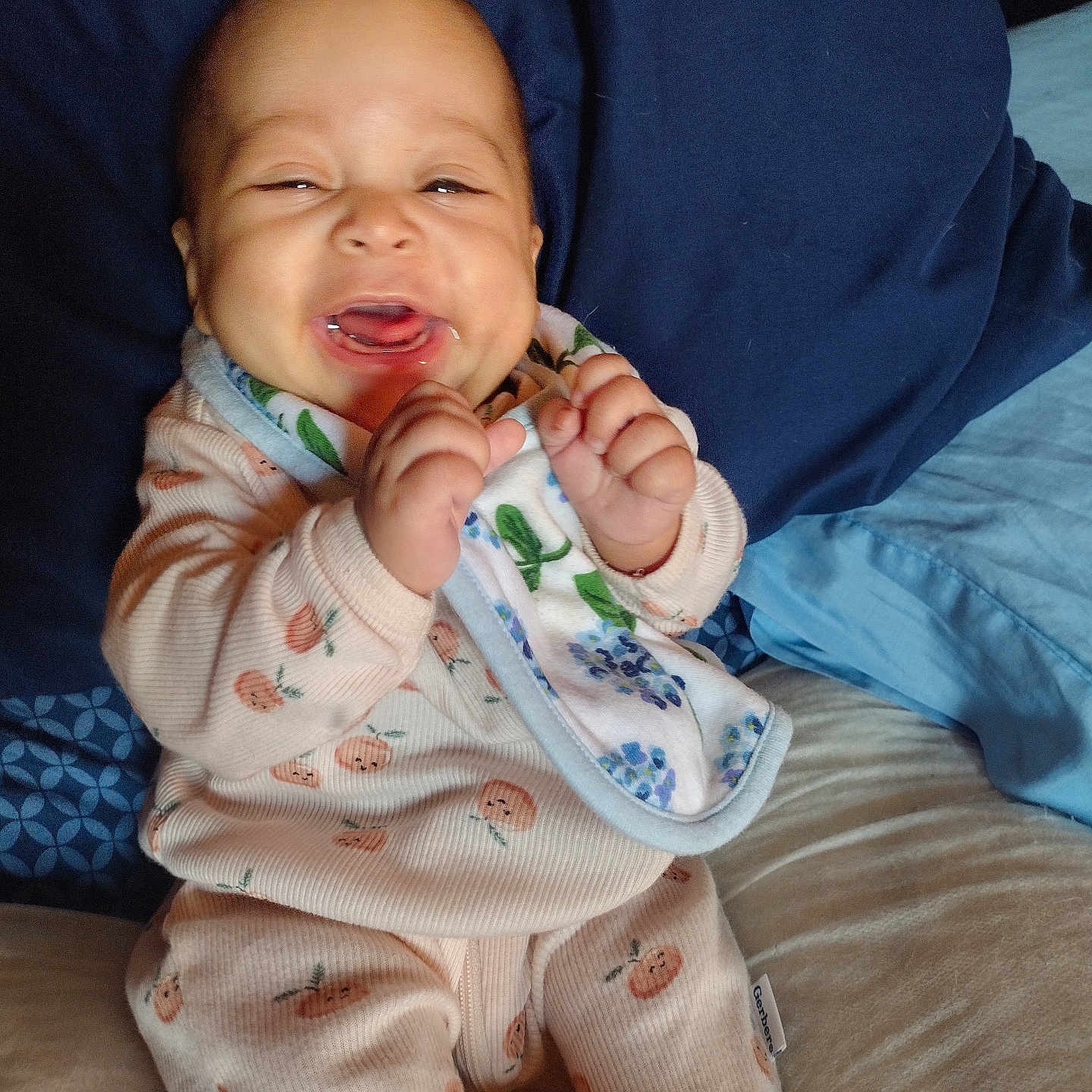 Joscelynne joined the competition — help win amazing prizes! baby, babylaughing, bed, blanket, bodypart, couch, cushion, face, finger, furniture, hand, happy, head, homedecor, laughing, newborn, person, photography, portrait, smile