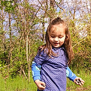 Timothy joined the competition — help win amazing prizes! child, girl, outdoor, forest, greenery, nature, sunlight, smile, blue_dress, long_hair, grass, trees, spring, playing, happy, holding, dirt, rocks, flower, casual_clothing