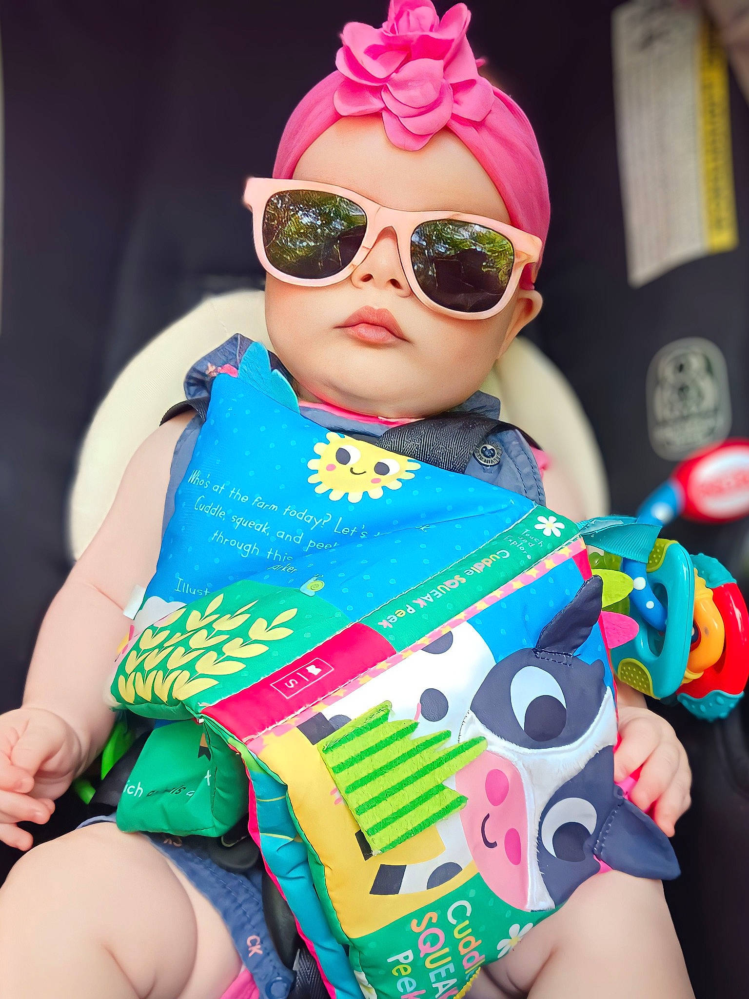 Riley joined the competition — help win amazing prizes! baby_toddler_clothing, entertainment, eyelash, eyewear, fashion_design, finger, glasses, goggles, happy, lip, magenta, neck, pattern, person, pink, sleeve, sunglasses, textile, toddler, vision_care