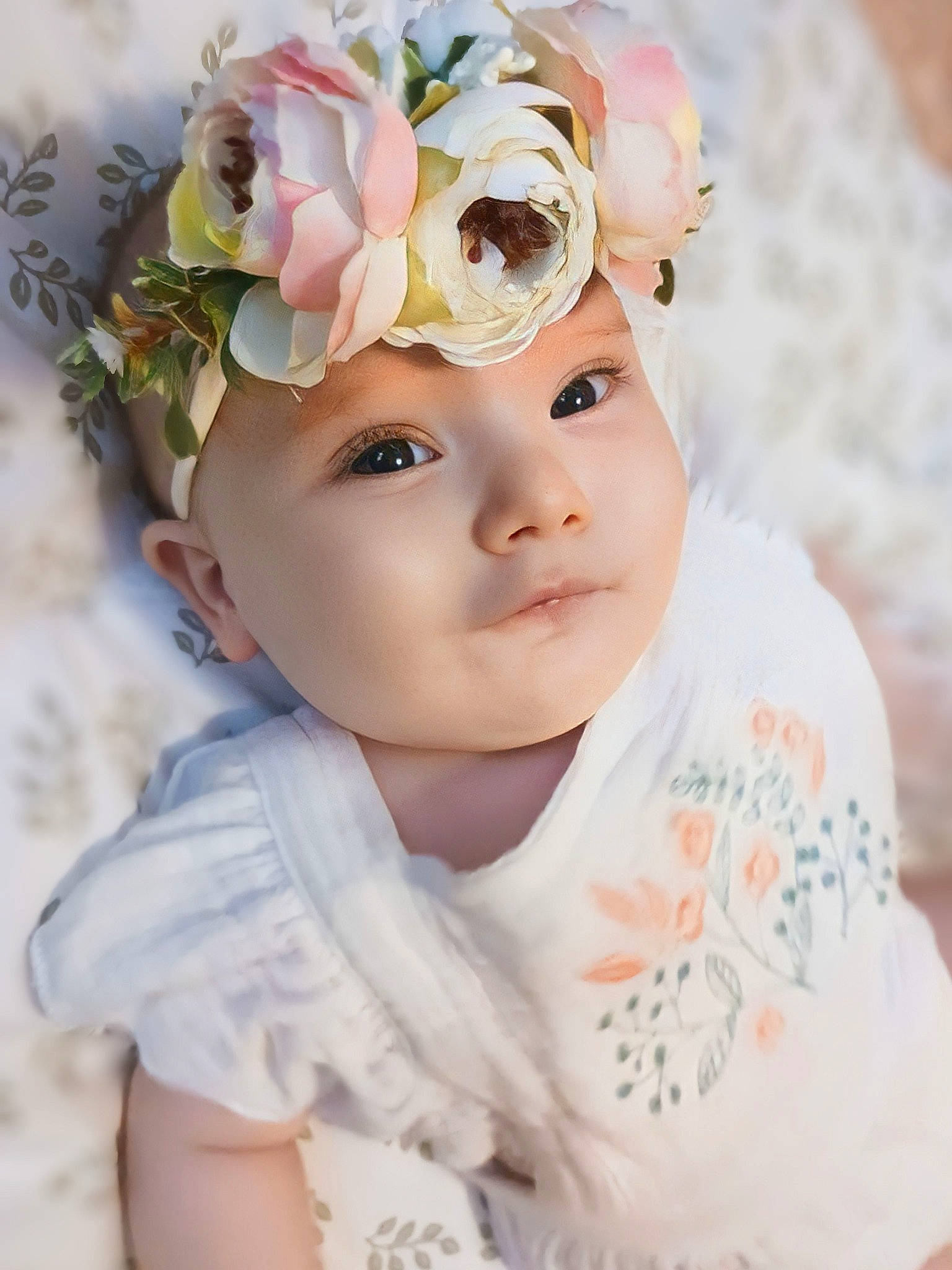 Riley is registered to the contest to win money with this photo: baby, baby_toddler_clothing, cap, child, eyebrow, flower, hair_accessory, happy, headband, headgear, headpiece, headwear, iris, peach, person, petal, pink, rose, rose_family, textile