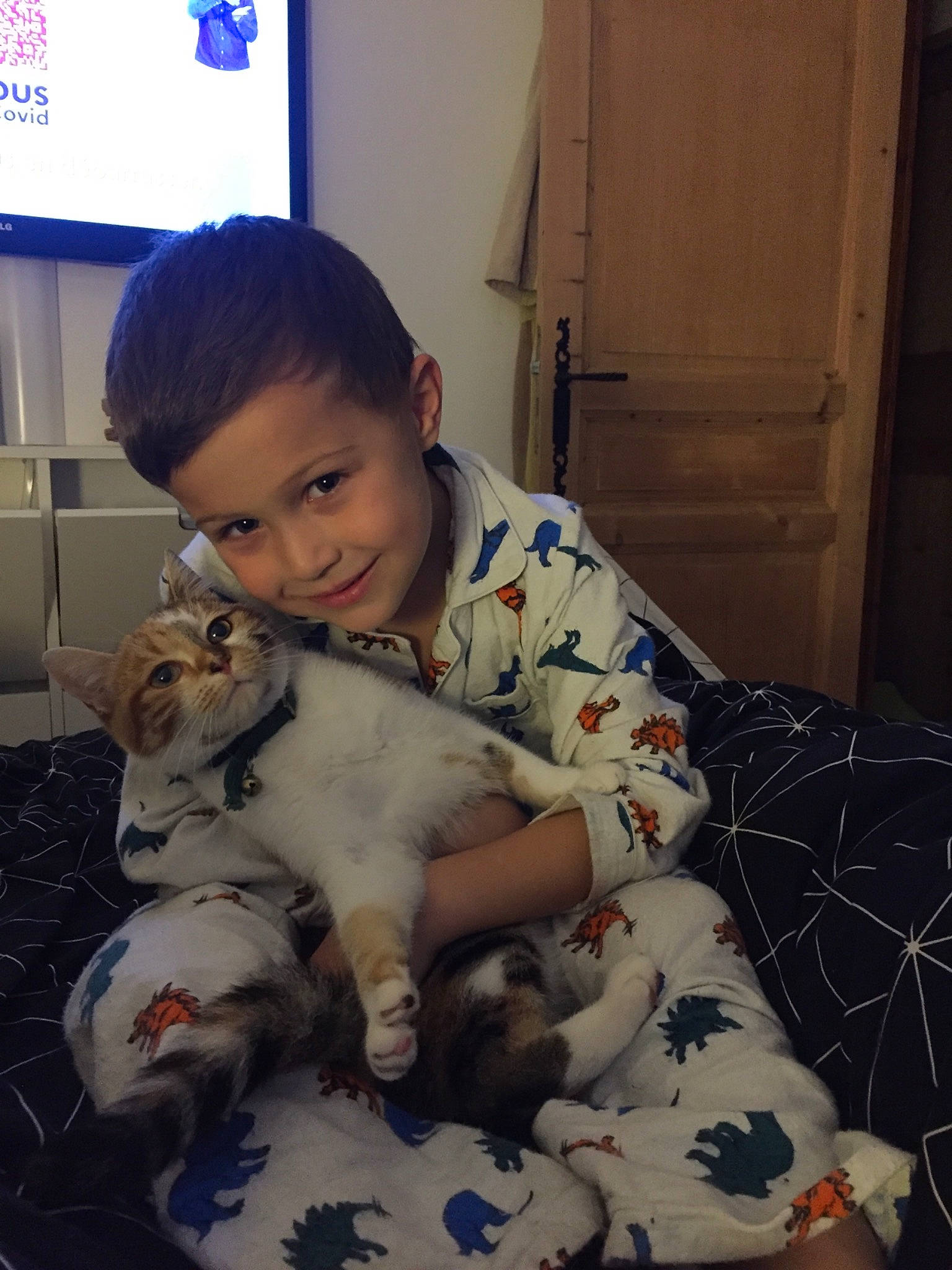 Axel participe au concours pour gagner de l'argent avec cette photo : child, companion_dog, dog_breed, door, electronic_device, felidae, flooring, fun, happy, human_body, human_leg, joy, lap, paw, person, sitting, skin, small_to_medium_sized_cats, smile, television