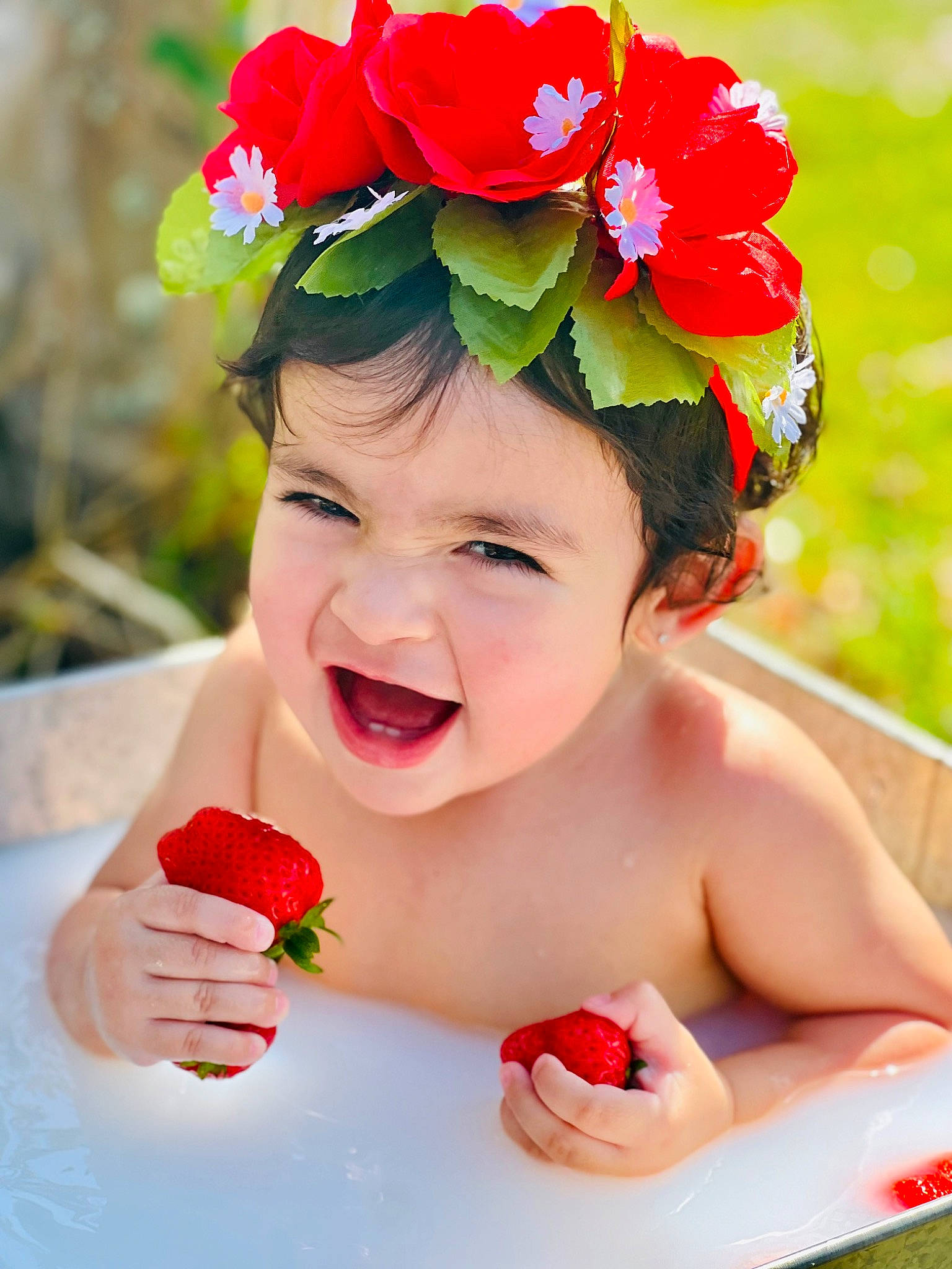 Georgina joined the competition — help win amazing prizes! baby, beauty, child, facial_expression, finger, flower, food, fruit, happy, headgear, headpiece, headwear, joy, lei, lip, person, petal, pink, red, skin