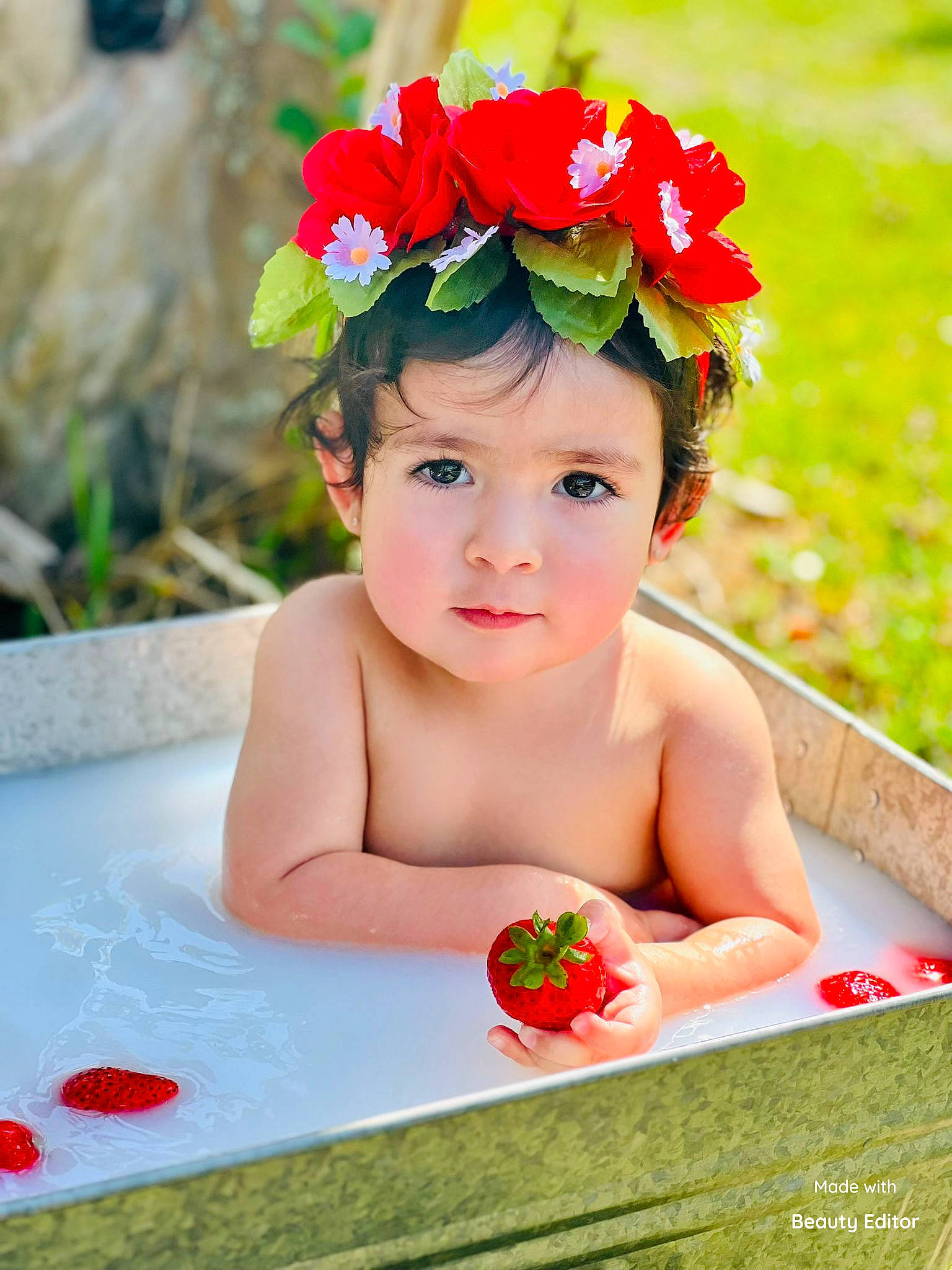 Georgina joined the competition — help win amazing prizes! baby, baby_toddler_clothing, beauty, cap, child, fashion_accessory, flower, fun, grass, hair_accessory, happy, hat, headpiece, headwear, leisure, people_in_nature, person, petal, pink, plant