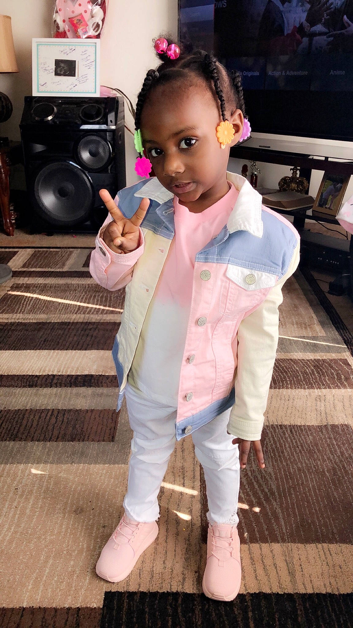 Taniyah is registered to the contest to win money with this photo: blazer, cheek, child, child_model, fashion, fashion_design, footwear, jacket, jeans, leg, neck, outerwear, person, pink, shoe, shoulder, sleeve, toddler