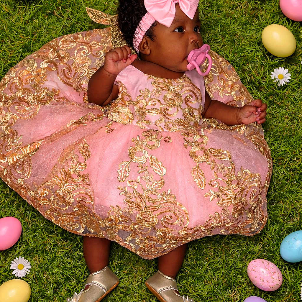 Mckenzie is registered to the contest to win money with this photo: baby, infant, dress, pink, gold, bow, headband, grass, greenery, easter_eggs, colorful, daisies, flower, pacifier, footwear, shoes, cute, portrait, lying_down, celebration
