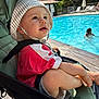 toddler, child, stroller, hat, sun_hat, red_shirt, bread, pool, water, swimmer, outdoor, daylight, summer, relaxing, seat, baby, person, sunny, nature, leisure
