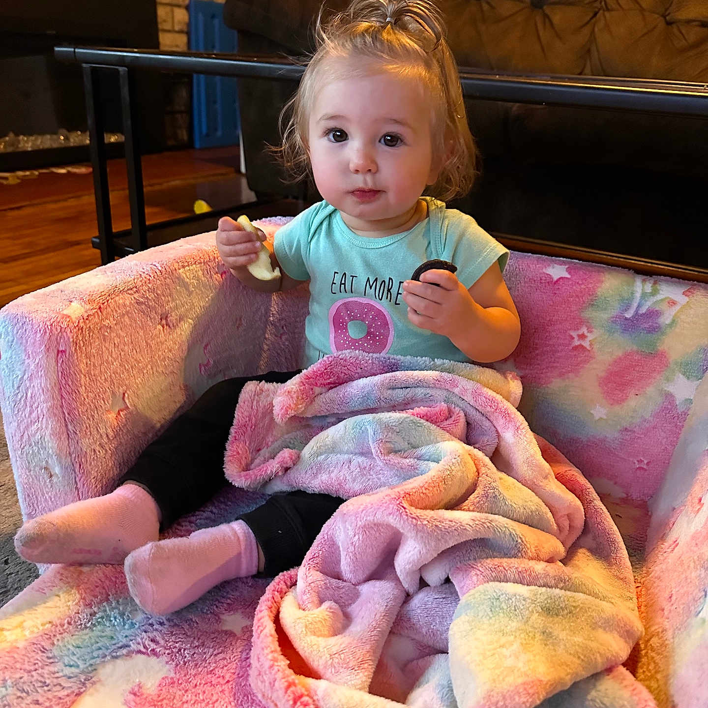 Lili joined the competition — help win amazing prizes! baby, blanket, bodypart, bread, chair, clothing, couch, cutlery, face, finger, food, furniture, hand, head, hosiery, person, photography, portrait, sock, spoon