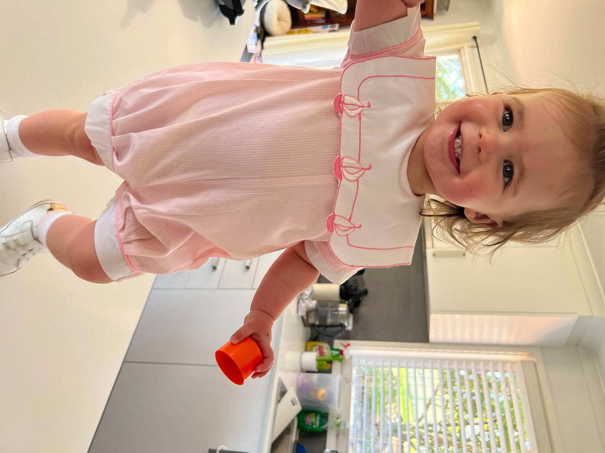 Charli joined the competition — help win amazing prizes! baby, baby_products, baby_toddler_clothing, child, dress, fun, human_leg, joy, knee, machine, peach, person, pink, play, product, room, skin, smile, sock, thigh