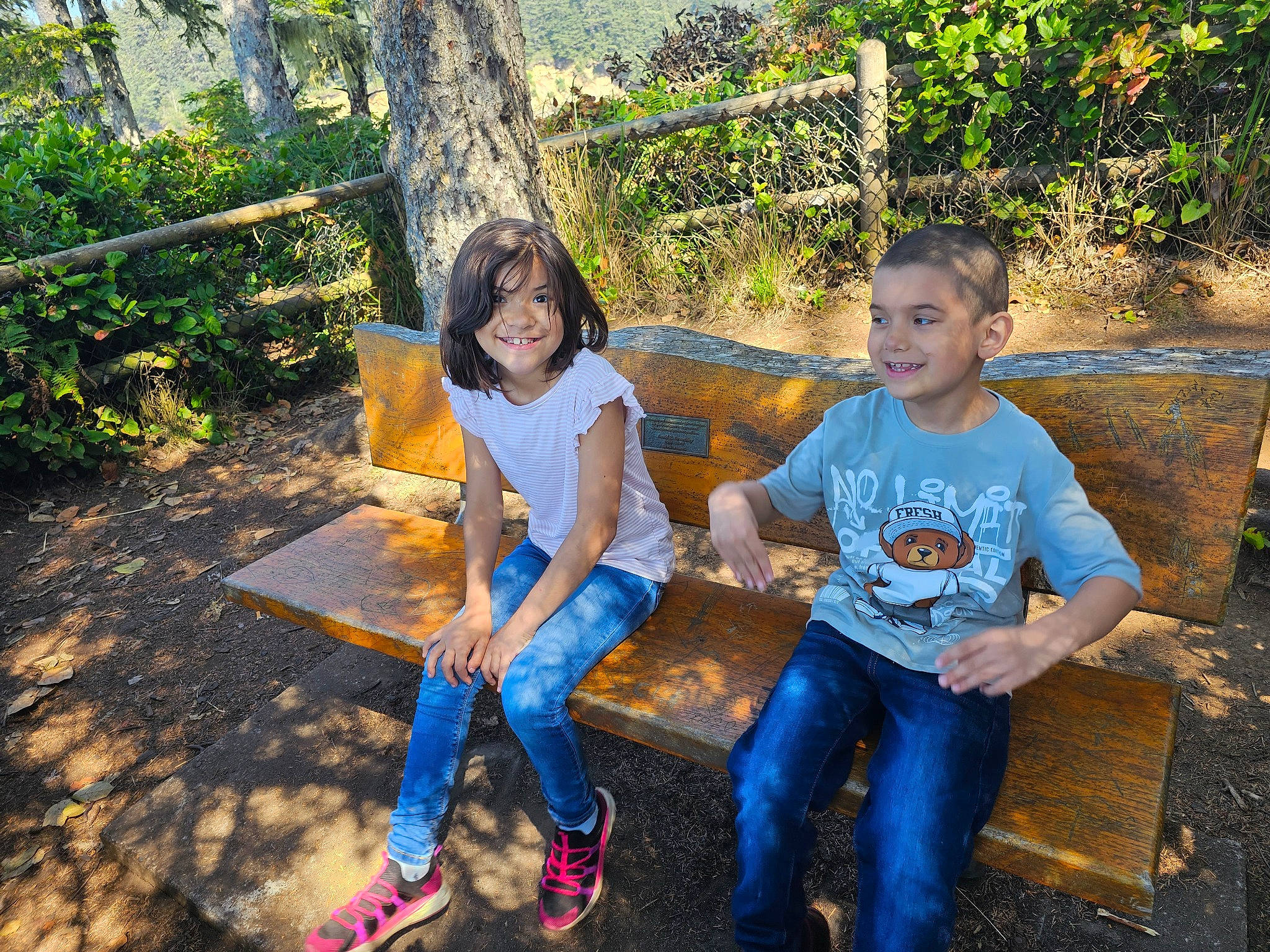 Azrael is registered to the contest to win money with this photo: bench, child, event, fun, garden, grass, happy, jeans, joy, landscape, lap, leisure, people_in_nature, person, plant, recreation, sitting, smile, sneakers, soil