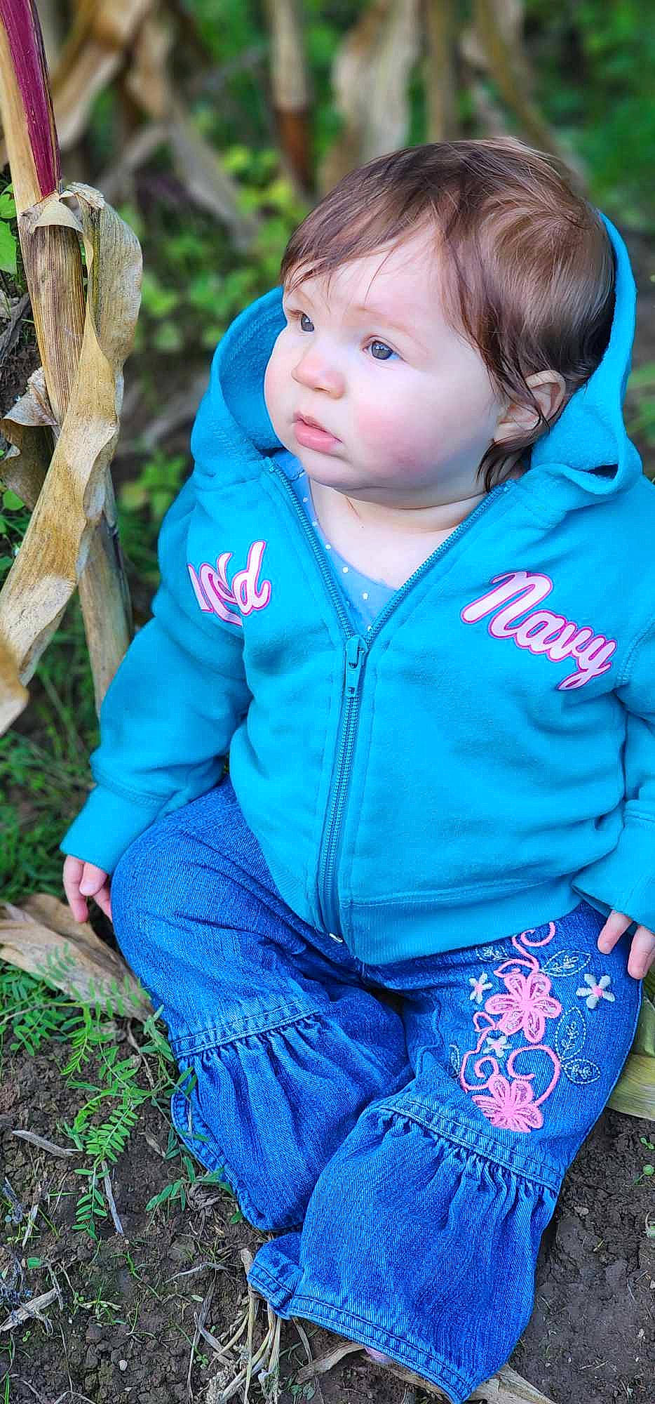 Scarlett joined the competition — help win amazing prizes! baby_toddler_clothing, child, electric_blue, eye, face, grass, green, happy, head, iris, jacket, leisure, people_in_nature, person, photograph, plant, skin, sleeve, toddler, tree