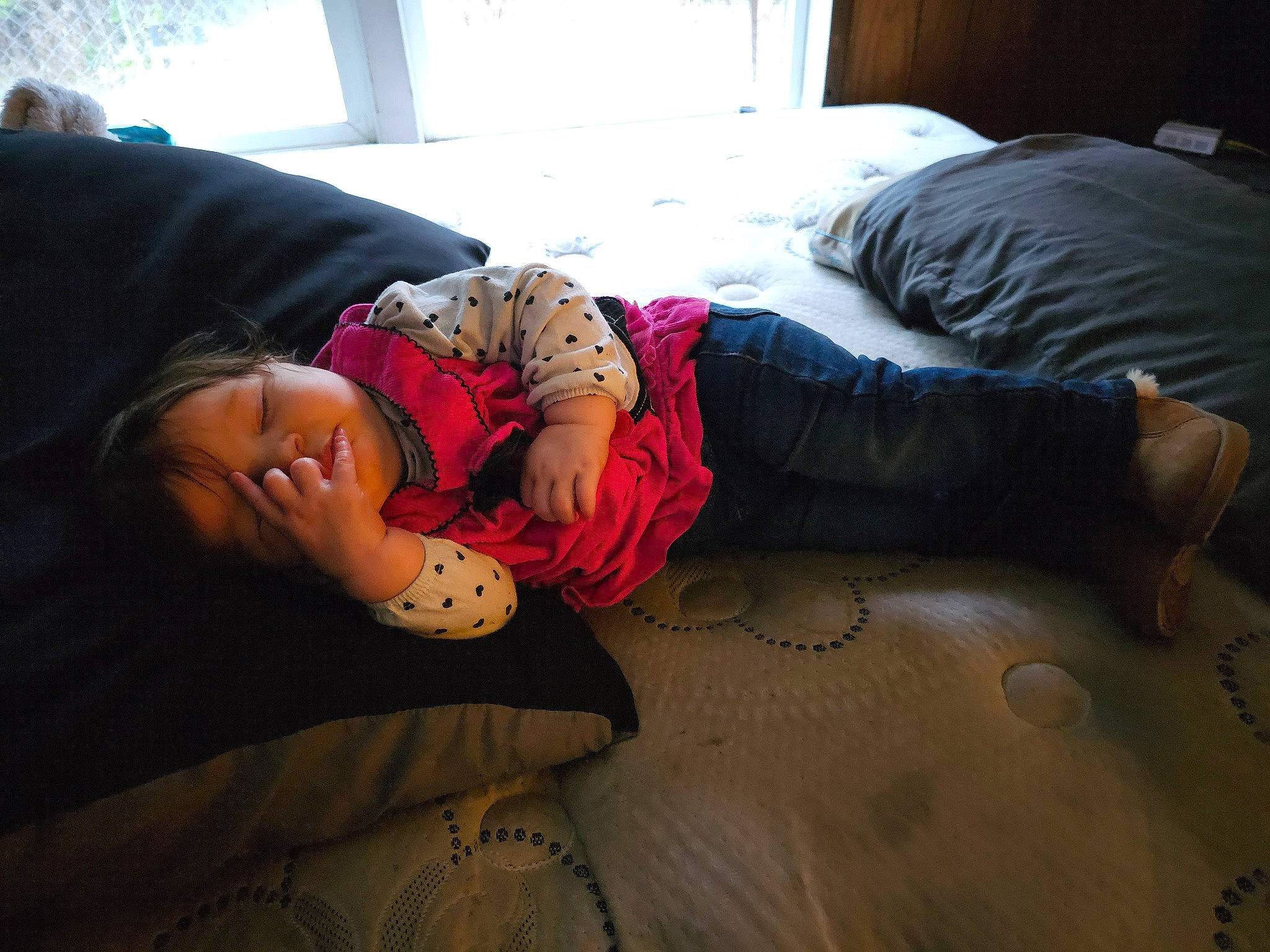 Scarlett is registered to the contest to win money with this photo: bed, black_hair, child, comfort, darkness, flash_photography, flooring, fun, human_body, human_leg, knee, lighting, linens, magenta, person, room, sitting, textile, thigh, tints_and_shades