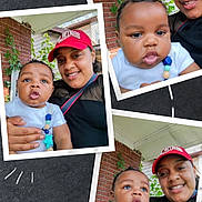 Atoka is registered to the contest to win money with this photo: adult, baby, blackboard_background, brick_wall, casual, child, collage, curious, face, happy, headwear, holding, outdoor, pacifier_clip, person, photography, porch, red_cap, smiling, white_clothing