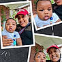 adult, baby, blackboard_background, brick_wall, casual, child, collage, curious, face, happy, headwear, holding, outdoor, pacifier_clip, person, photography, porch, red_cap, smiling, white_clothing