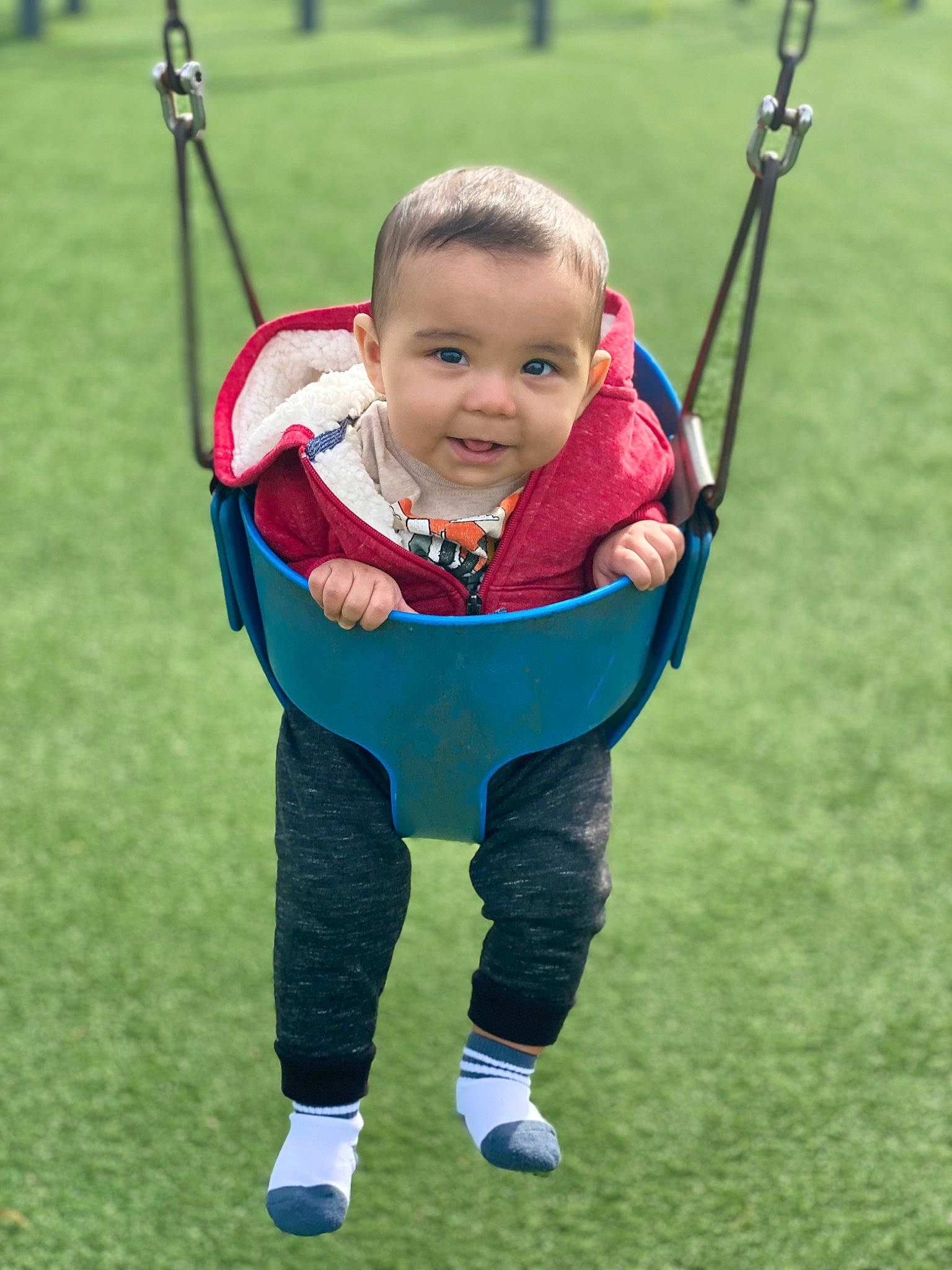 Desmond joined the competition — help win amazing prizes! baby, child, city, electric_blue, eye, fun, grass, grassland, happy, leisure, outdoor_play_equipment, people_in_nature, person, plant, play, playground, recreation, smile, swing, toddler