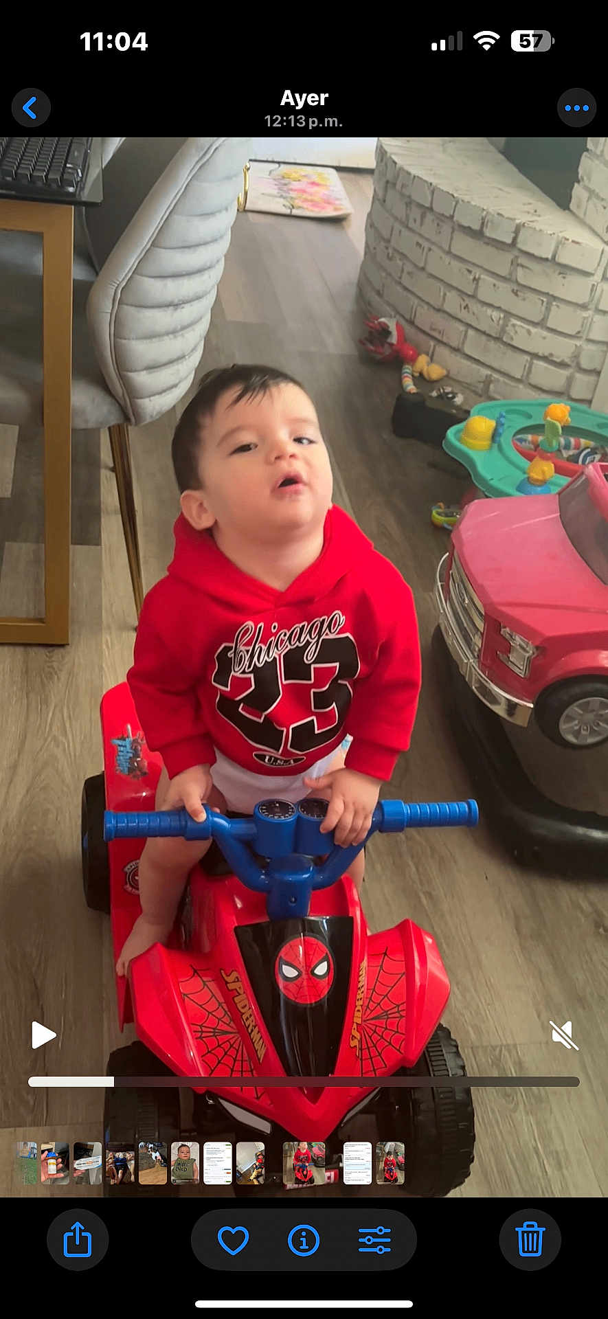 Liam Mateo joined the competition — help win amazing prizes! bright_colors, car_toy, casual, child, childhood, curious, floor, flooring, furniture, home, indoor, person, playtime, red_hoodie, sitting, spiderman, toddler, toy, toy_vehicle, young_child
