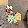 Mary is registered to the contest to win money with this photo: baby, infant, couch, headband, bow, sign, milestone, one_month, green_outfit, floral_pattern, cute, small, sitting, furniture, indoors, portrait, child, newborn, cozy, fabric
