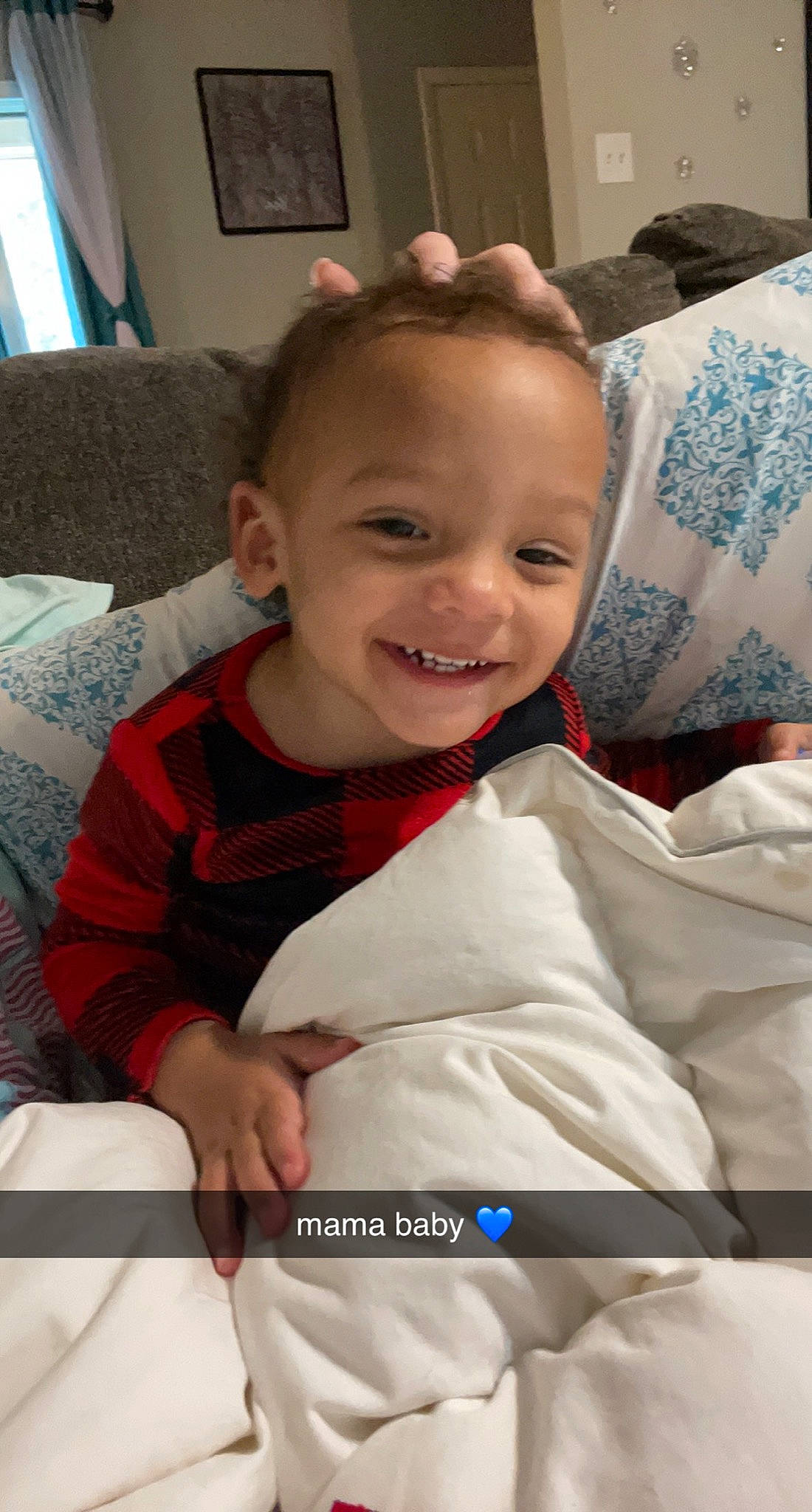 Kross joined the competition — help win amazing prizes! arm, baby, baby_toddler_clothing, cheek, child, comfort, couch, fun, happy, joy, laugh, linens, living_room, mouth, person, picture_frame, pillow, room, sitting, skin
