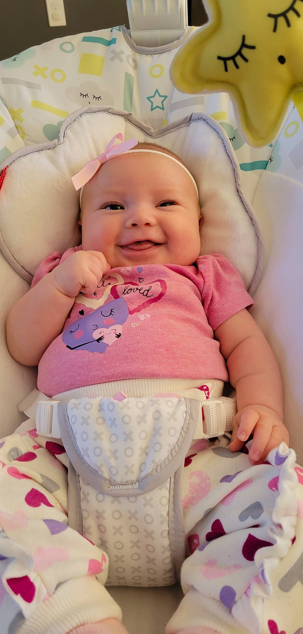 Chloe joined the competition — help win amazing prizes! baby, baby_safety, baby_sleeping, baby_toddler_clothing, cheek, comfort, facial_expression, happy, head, headwear, joy, mouth, people, person, photograph, pink, skin, sleeve, smile, textile
