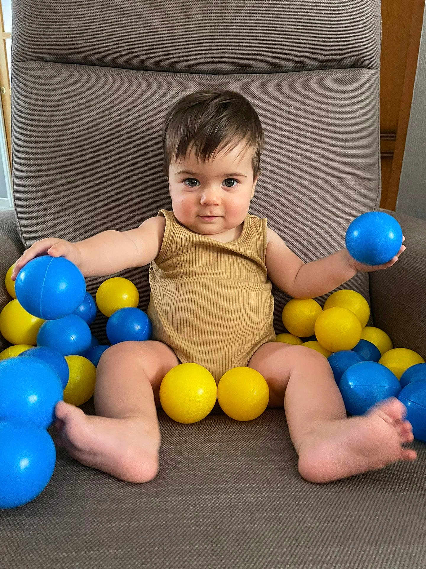 Nolan participe au concours pour gagner de l'argent avec cette photo : toddler, child, baby, armchair, plastic_balls, blue_ball, yellow_ball, clothing, onesie, indoor, furniture, play, sitting, barefoot, cute, expression, person, face, hair, toy