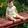 child, toddler, bench, outdoor, greenery, flowers, smile, grass, plants, sunlight, happy, sitting, nature, baby, summer, cute, shorts, shirt, portrait, garden