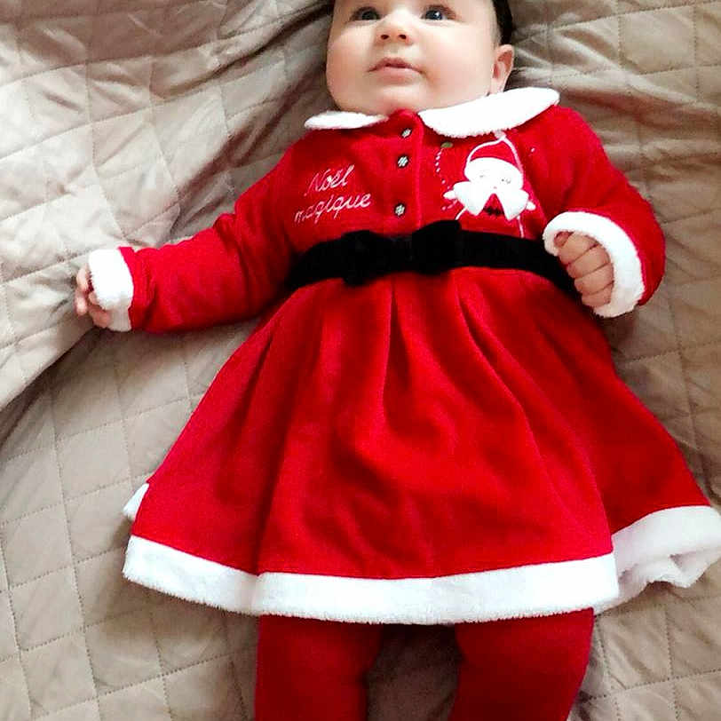 Milana participe au concours pour gagner de l'argent avec cette photo : baby, child, child_model, christmas, christmas_eve, costume, fictional_character, outerwear, person, red, santa_claus, sleeve, toddler
