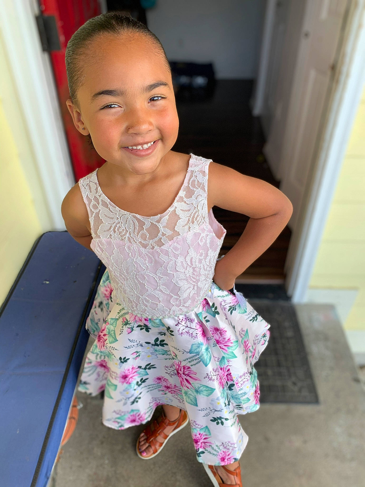 Aniya joined the competition — help win amazing prizes! beauty, black_hair, cheek, child, child_model, dress, fashion_design, finger, happy, joy, leg, long_hair, nose, person, pink, shoe, sitting, skin, smile, textile