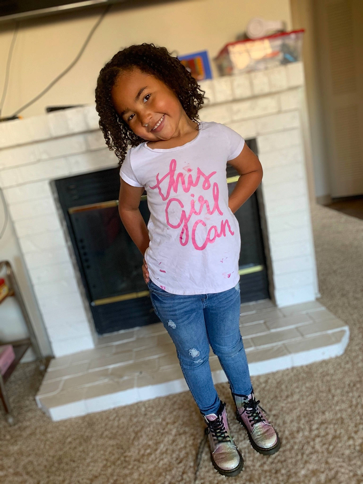 Aniya is registered to the contest to win money with this photo: child, child_model, denim, footwear, fun, jeans, joy, leg, person, pink, shoe, smile, standing, t_shirt, toddler