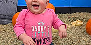 Ivory is registered to the contest to win money with this photo: baby, child, pink_shirt, blue_background, pumpkin, white_pumpkin, hay, tombstone, smiling, outdoor, fall, autumn, jeans, socks, cute, festive, decoration, happy, portrait, sitting