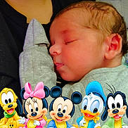 Nathaniel joined the competition — help win amazing prizes! baby, sleeping, newborn, closeup, cartoon, disney, mickey_mouse, minnie_mouse, donald_duck, goofy, pluto, cute, infant, soft, child, face, portrait, clothing, hand, resting