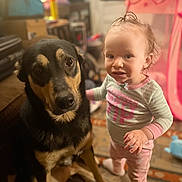 Luna joined the competition — help win amazing prizes! toddler, dog, indoor, child, pet, curly_hair, pajamas, carpet, pink, play_tent, furniture, home, cute, companion, animal, baby, expression, friendship, floor, portrait