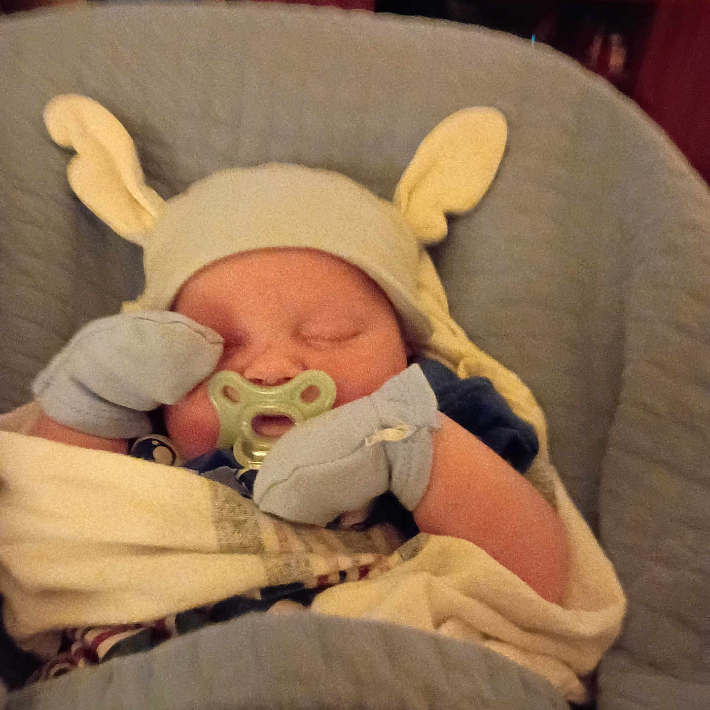 Odin is registered to the contest to win money with this photo: newborn, baby, infant, sleeping, pacifier, hat, animal_hat, mittens, blanket, bundled, portrait, indoors, cushion, chair, cozy, sleepy, infant_clothing, nursery, closeup, soft_lighting