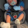 Odin is registered to the contest to win money with this photo: newborn, baby, infant, sleeping, pacifier, car_seat, harness, seatbelt, blue_outfit, white_hat, mittens, socks, portrait, closeup, indoors, transportation, child, face, cozy, safety
