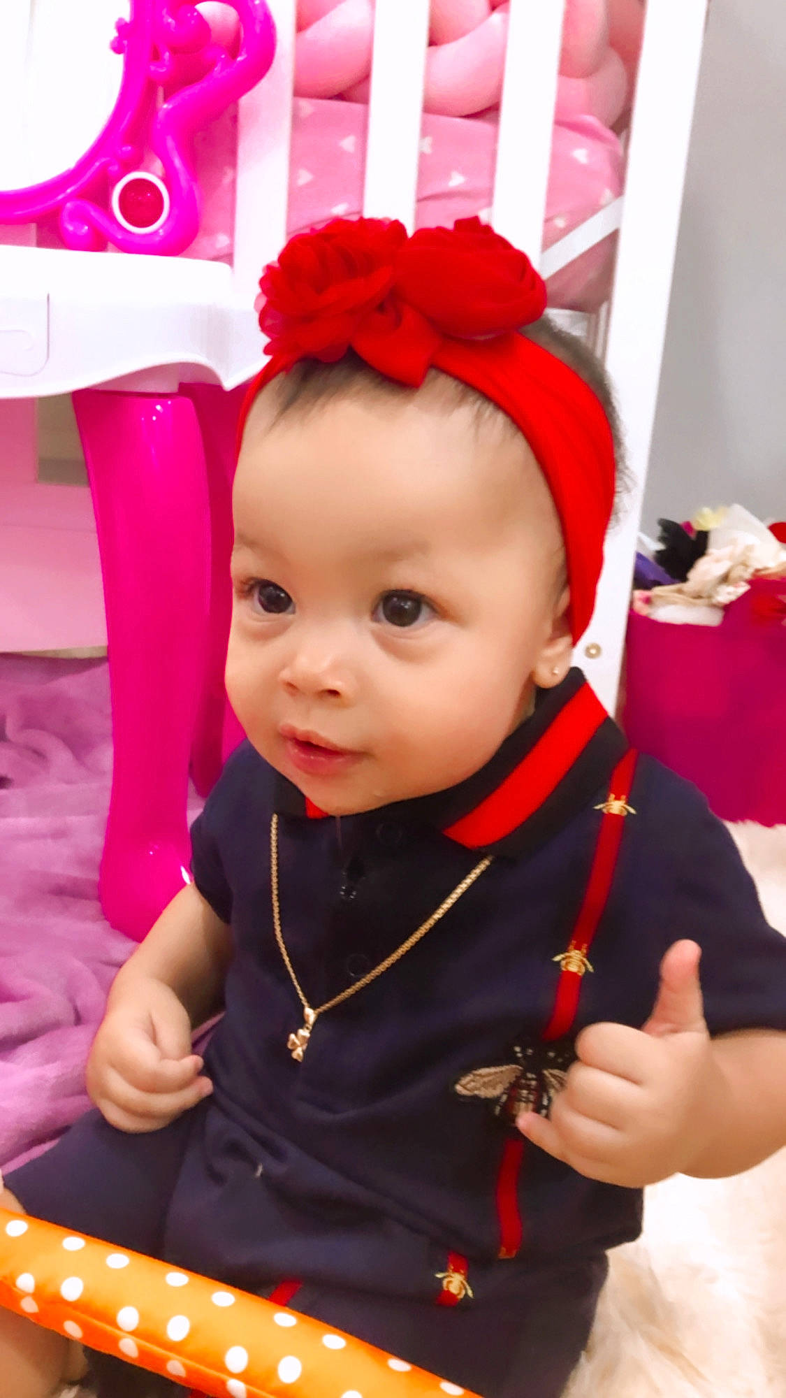 Salome joined the competition — help win amazing prizes! baby, baby_toddler_clothing, cheek, child, costume_hat, event, eye, fashion_accessory, fun, hair_accessory, happy, headband, indoor_games_and_sports, jewellery, magenta, person, pink, red, snapshot, table