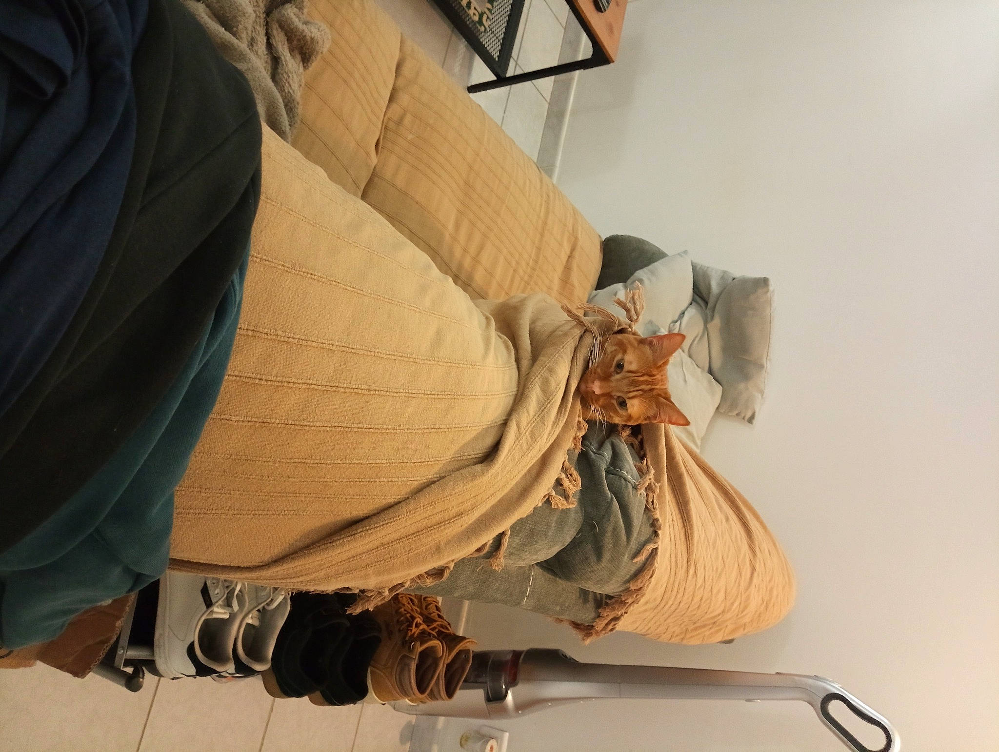 Catsby participe au concours pour gagner de l'argent avec cette photo : beige, ceiling, comfort, flooring, foot, hardwood, human_leg, linens, outdoor_shoe, peach, plaster, room, shoe, tints_and_shades, wood