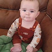 Jacob is registered to the contest to win money with this photo: baby, blanket, child, clothing, couch, cute, expression, eyes, face, foot, football_pattern, hand, indoors, infant, overalls, person, portrait, sitting, skin, young